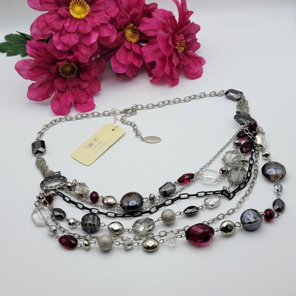 BOCAR Multi Chain Glass Bead Statement Necklace 26" Silver Tone & Red  Layered
